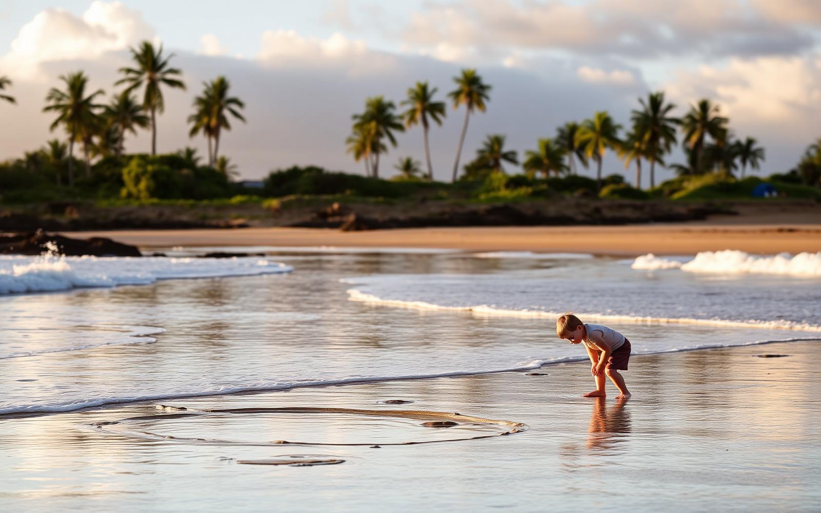 A child exploring tide pools at Poipu Beach, Kauai