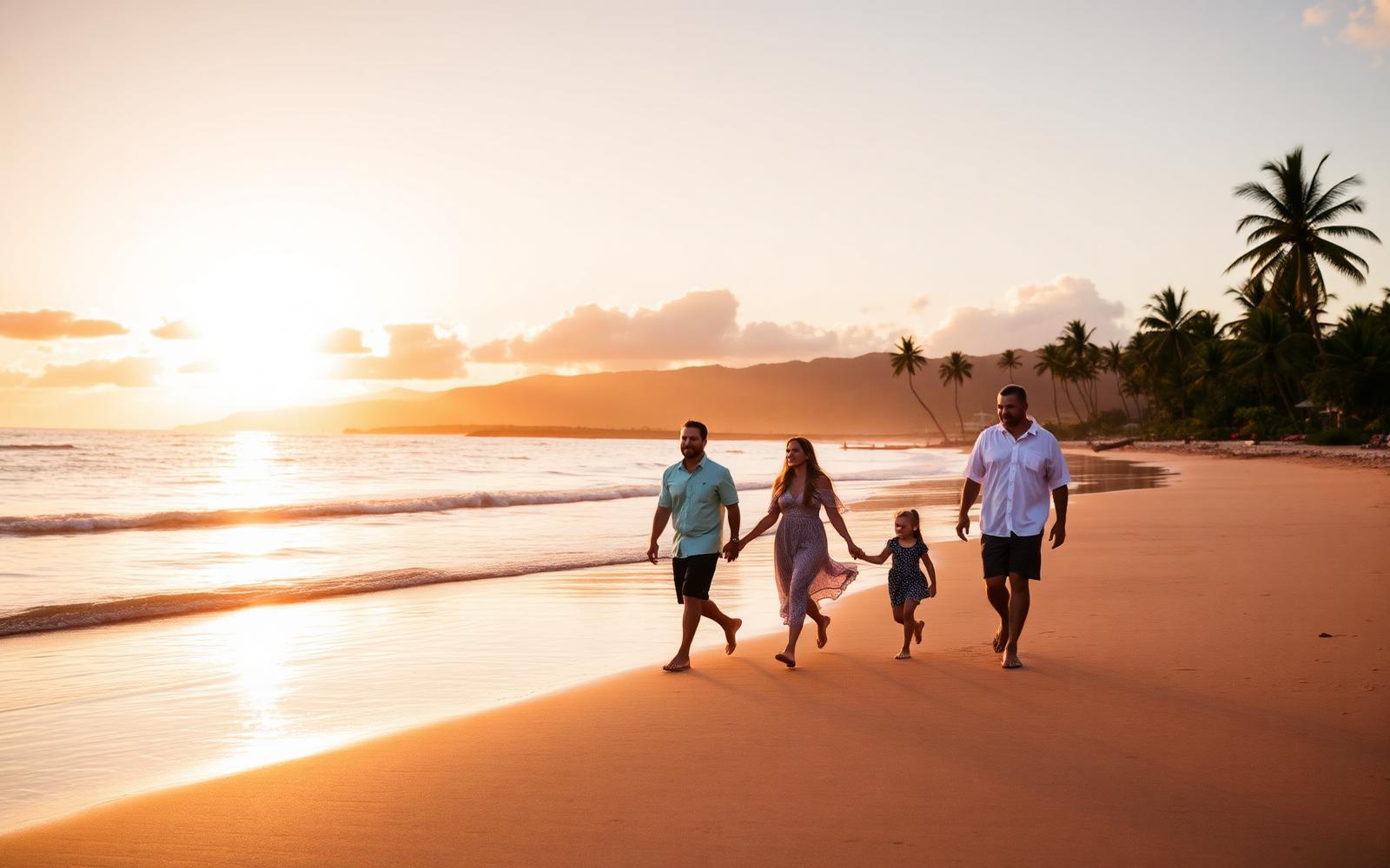A family walking along a calm Maui beach at sunset