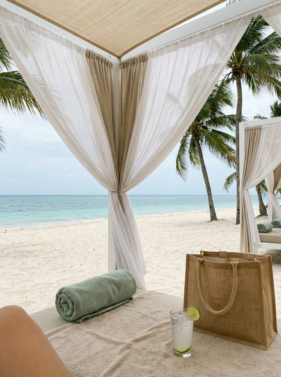 Beach cabana with sheer linen curtains